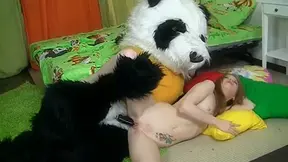 Joy fucking with a large toy bear