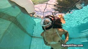 Aquaphilias- Sea Jewel Snorkeling in White Bridal Lingerie Strips Naked Masturbates Underwater in the Pool