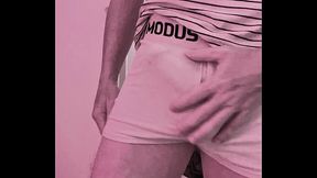 Horny boy caught playing with his big thick cock in undies, then takes it out