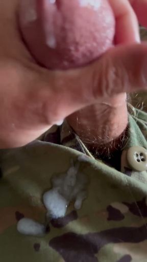Army soldier jerks off in uniform wearing black socks-shoots load through undies   Clip 1