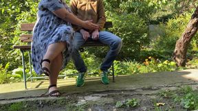 Fat mother-in-law helps her stepdaughter's husband cum outdoors
