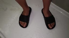 Piss on Feet in Sandals Slides While Wearing White Swim Trunks