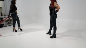 Bullwhipping fun for Mistress Morrigan and Mistress Cara