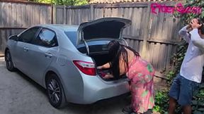 Hot milf seduces young buck on car trunk in raw public escapade