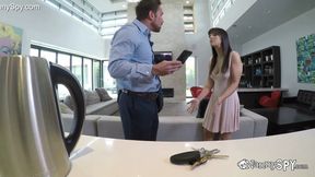 Brunette nanny gets caught masturbating, then gives boss a deepthroat blowjob and gets