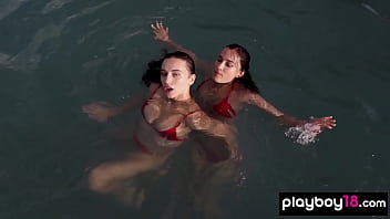 Ukrainian teen lesbians Gloria Sol and Sofi Ka posing naked by the pool
