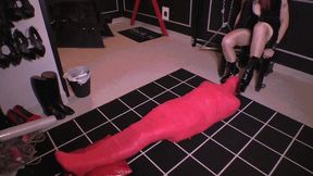 Mistress Evil Red plays with her totally mummified slave WMV