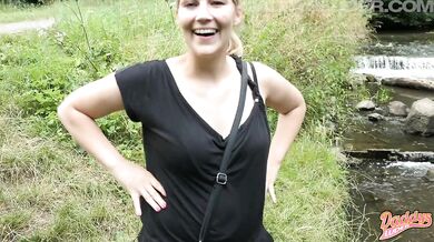 Blonde milf in the forest her mouth juicy with cum dripping load