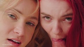 Redhead Ivi Rein and Miss Olivia share a cock in ultra hardcore threesome
