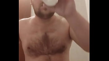 Full video: hairy GAY man jerks off his HUGE cock on camera again, SWALLOWS fresh CUM, pours cum on his FACE!