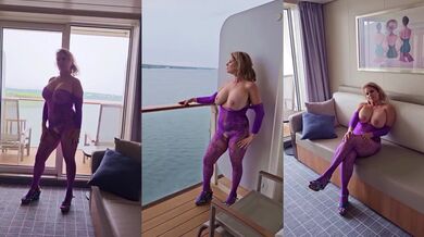 Mature milf flashes her dripping pussy in cruise cabin for real voyeur