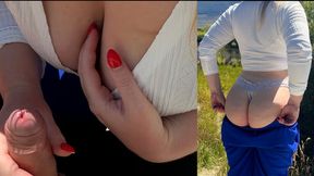 Risky bench handjob leaves big cock cumming