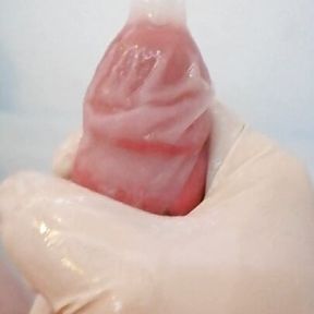 Watch me cum in a Condom with lubed LATEX GLOVES