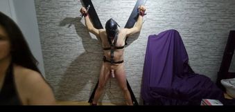 Dominant Brunette Kicks Bound Sub's Throbbing Balls Hard