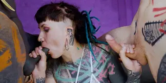 Tattooed teen with nipple piercings gets rough anal DP