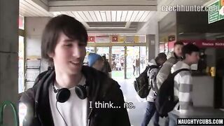 Watch these big-dicked guys in public share a fat load in a wild orgy