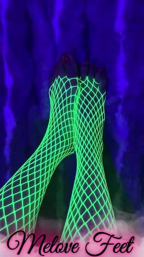 Tiny Asian Feet with long toes in green neon fishnet