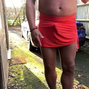 Amateur crossdresser Kellycd2022 masturbating my big sissy gurl cock on my driveway in tan pantyhose