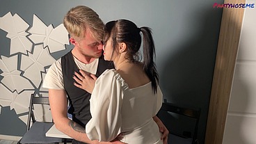 Cutie Sara Bork Gets A Call From Player and He Fucks Her In Tan Pantyhose