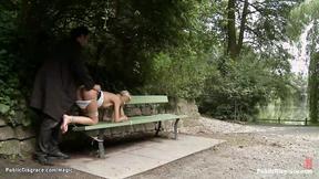 ”Strapped blonde ravaged in the woods”