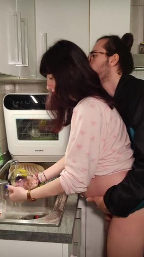 PREGNANT does titjob in the kitchen after WASHING the dishes   Clip 1