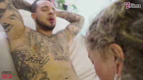 Fully tattooed girl gets all her holes pounded by a huge cock and gets cum in her anal gape double penetration
