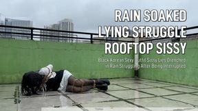 Rain Soaked Sissy Lying Struggle on Rooftop - Bound in Black Korean Sexy Outfit & Letter Stockings