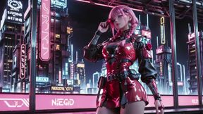 Pink-haired Mech Warrior! Kneeling in Neon Streets, Red Rose &amp; Cold Armor Contrast, Fingertips tracing collarbones.