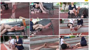 Two sexy stockings and long-legged goddesses Qiu Qiu and Jun Jun wearing black ultra-thin pantyhose playfully show their beautiful feet and legs on the edge of the campus playground