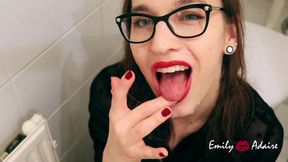 Trans secretary sucks the dick of her boss in the office bathroom for a promotion - Emily Adaire dildo POV