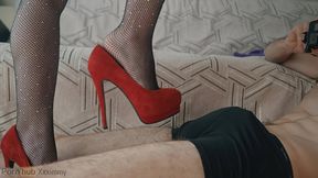 Girl in red high heels, shoe pounding and penis trampling, lots of sperm
