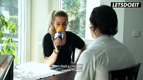 Mature blonde German OLDER WOMAN interviews him at the table before begging for