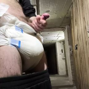 Diaper boy with thick diaper masturbates in public