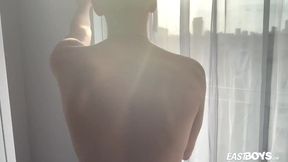 Tight latino twink strips down his big cock in shower