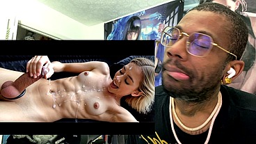 Gorgeous Transgender Blonde Girl With A Cock Ring Explodes With Cum All Over Her Petite Body, AI Generated