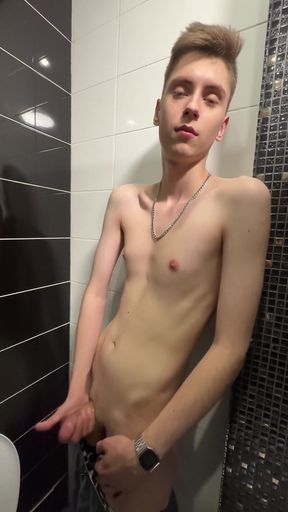 Handsome Guy Asta Boy Jerks off and Cums in a Public Toilet