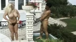 Super sexy French blonde bounces on hard cock in backyard