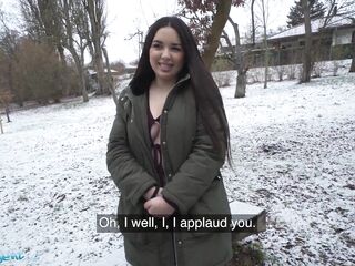 Public Agent Spanish Brunette Hair Flashes Large Natural Titties in the Snow