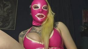 Lillithid in full latex barbie outfit and locked pussy rides anal dildo POV