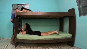 betrayal in the bunk bed, girlfriend upstairs, friend downstairs, boyfriend in the middle of adultery