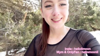 A student in a transparent top shows off and sucks in the forest Fr