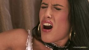 Stunning brunette sex slave makes her master cum by sucking and riding his enormous cock