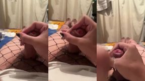 hot trans cums loads in slow motion while in fishnet tights