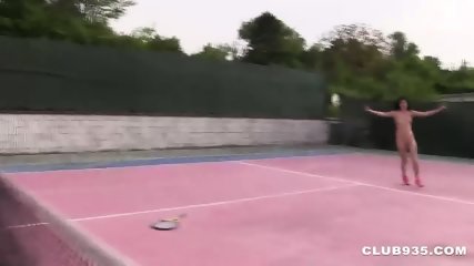 Crazy euro chick crashes a tennis game