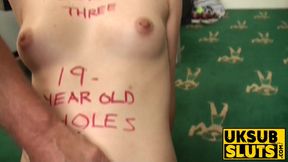 Teen submissive gags on big cock and takes anal destruction