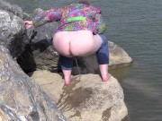 Pissing Behind The Rocks On The Shore Peeping