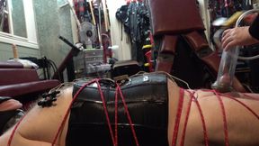 Bondage, Nipple E-stim, Penis Pump and Sounding on the Coffin Bondage Board