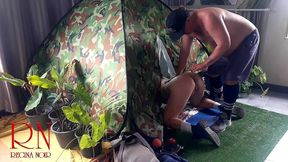 sex in camp. a stranger fucks a nudist lady in her mouth a camping in nature. blowjob 210