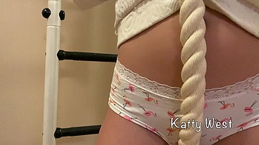 Skinny russian babe Katty West makes exercises on the wall-mounted ladder