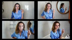 4-6 Ramona Lynn is smoking all-white Virginia Slims 120s cigarettes in the bathroom at home using matches (4 scenes) 4K resolution